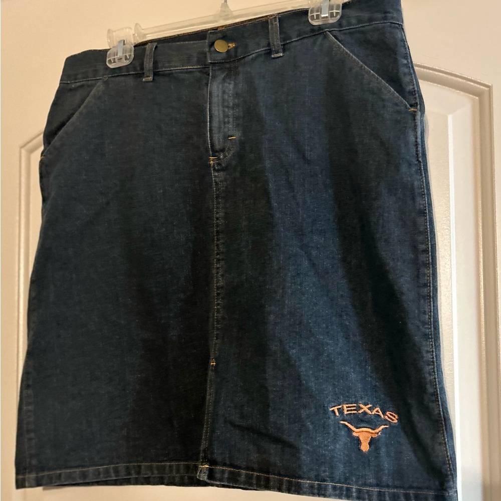 Vintage Red Oak Texas Longhorn Embroidered Game Day Denim Skirt ~ Size Medium
